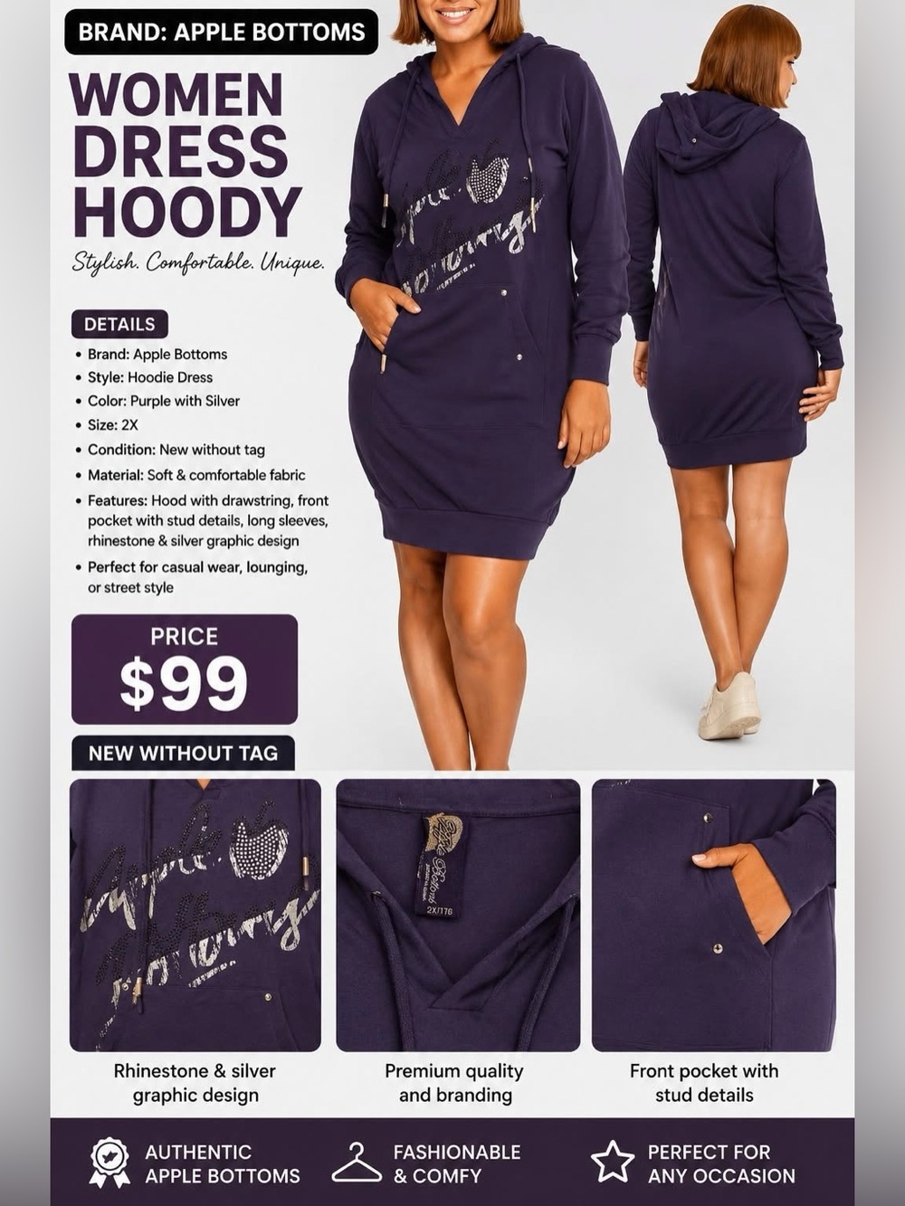 Women Dress Hoody, Size 2x Purple/ Silver